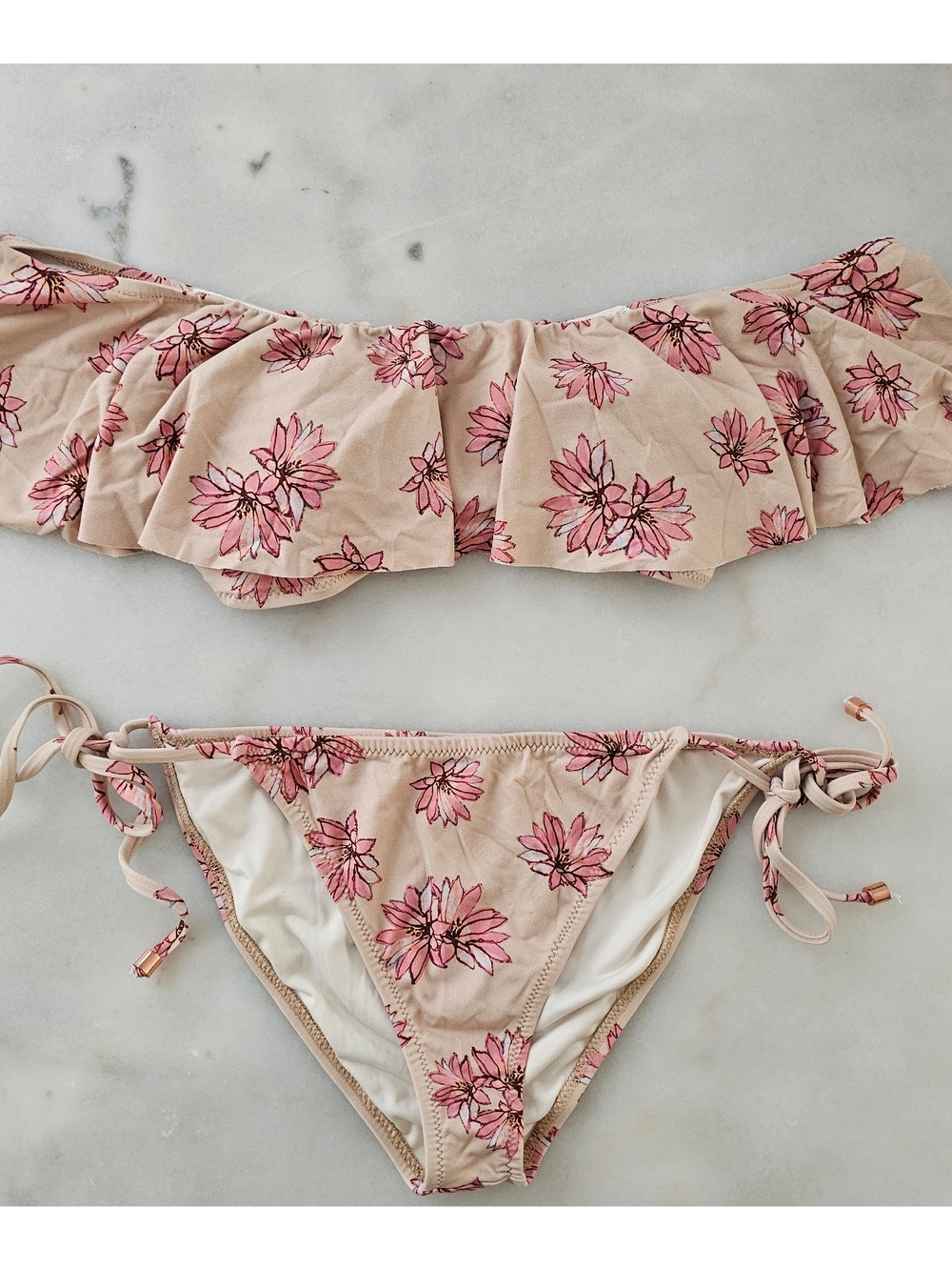 Eberjey Flying Lotus Off-Shoulder Ruffle Bikini Top And String Bikini Bottom Set